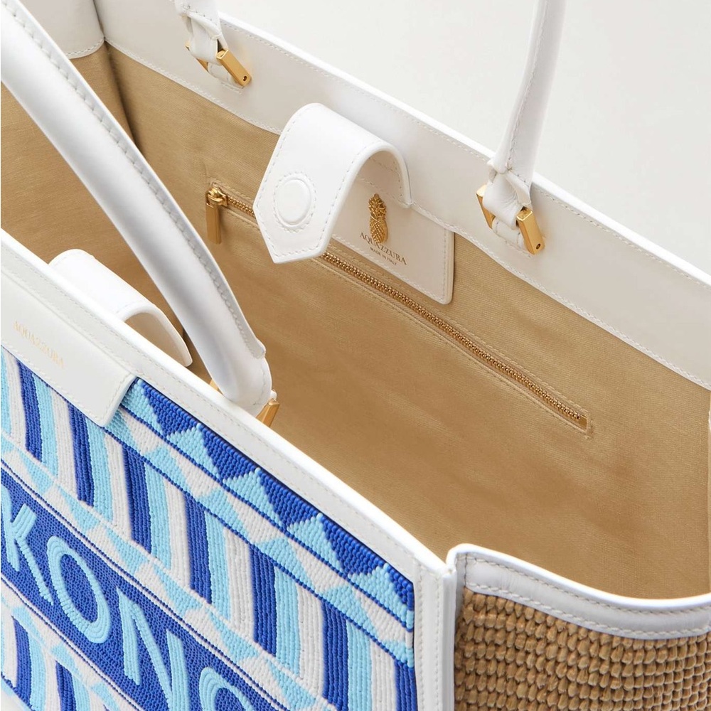 Like New AQUAZZURA Mykonos leather-trimmed beaded raffia tote $1,750 - Picture 5 of 12